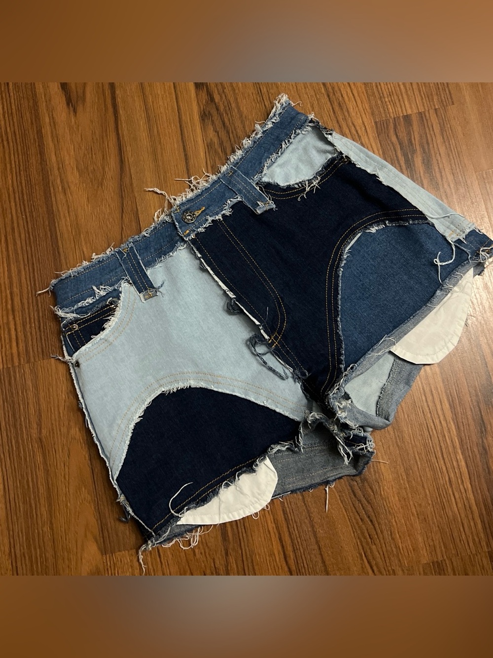 Two-Tone Distressed Denim Shorts